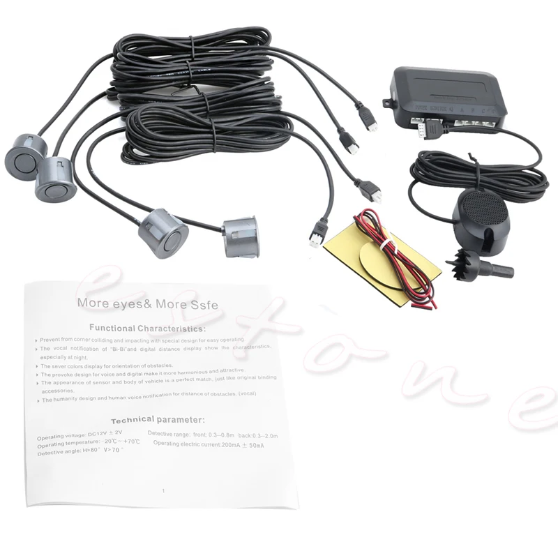 

Parking 4 Sensors Car Reverse Backup Rear Buzzer System Sound Alarm Silver