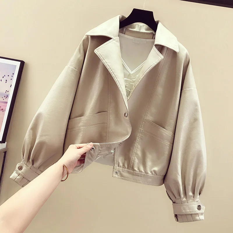 Куртка женская винтажная из искусственной кожи Свободное пальто однобортная