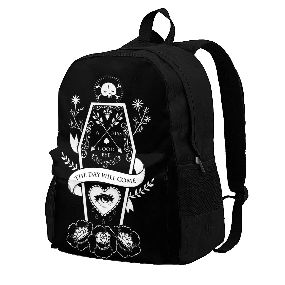 

A Kiss Goodbye Day Of The Dead Backpacks Coffin Witch Evil Unisex Soft Style Backpack Polyester Trekking Bags