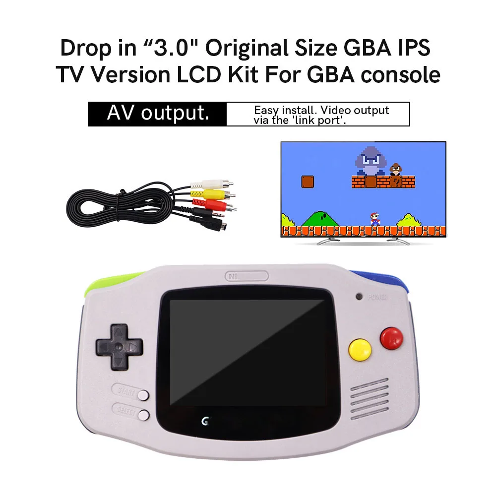 Fit Original housing No cut  Drop In GBA 3.0" Original Size IPS screen display GBA  backlight LCD TV OUT  For Gameboy ADVANCE