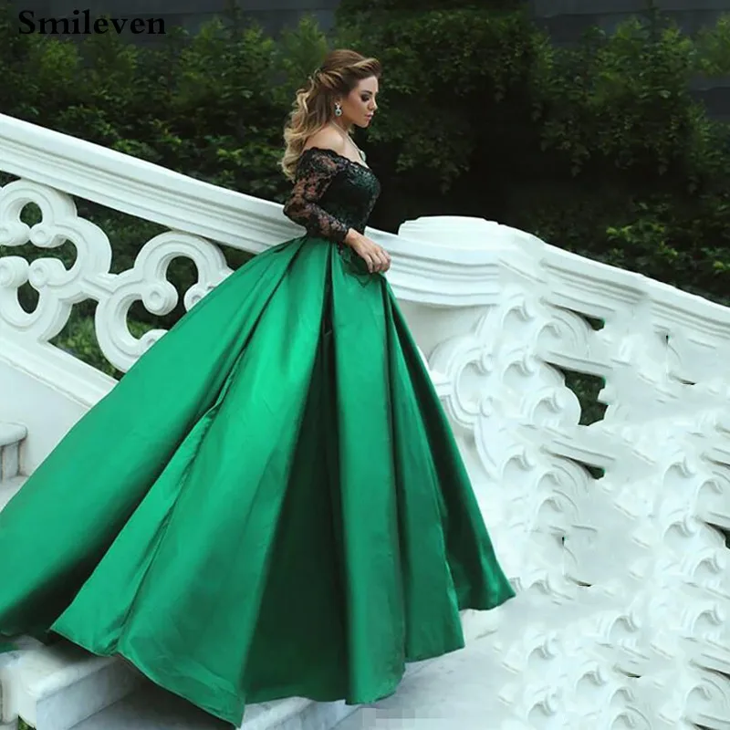 Smileven с открытыми плечами Свадебные платья длинным рукавом атласное Бохо черное