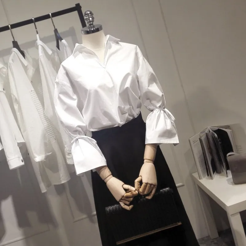 

Casual Lace Up Blusas Women Turn Down Collar Long Flare Sleeve Solid Blouses Female Cozy Loose Shirts Soft Tops Femme Ropa Mujer