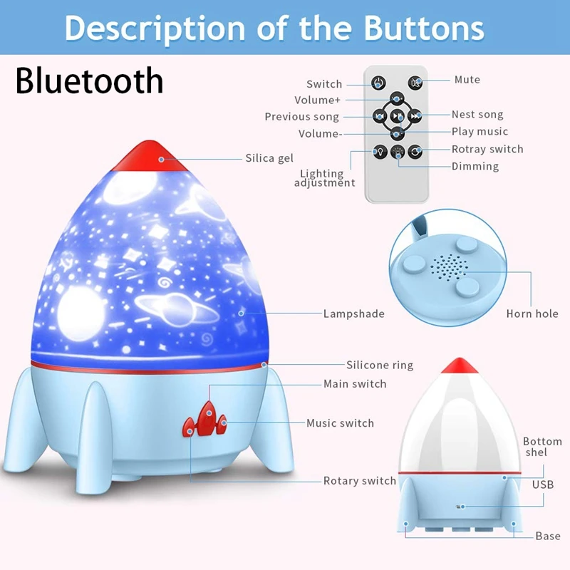 

Children's Bluetooth Music Night Light Projector, 360 Degree Rotating LED Light with Remote Control Sleep Light