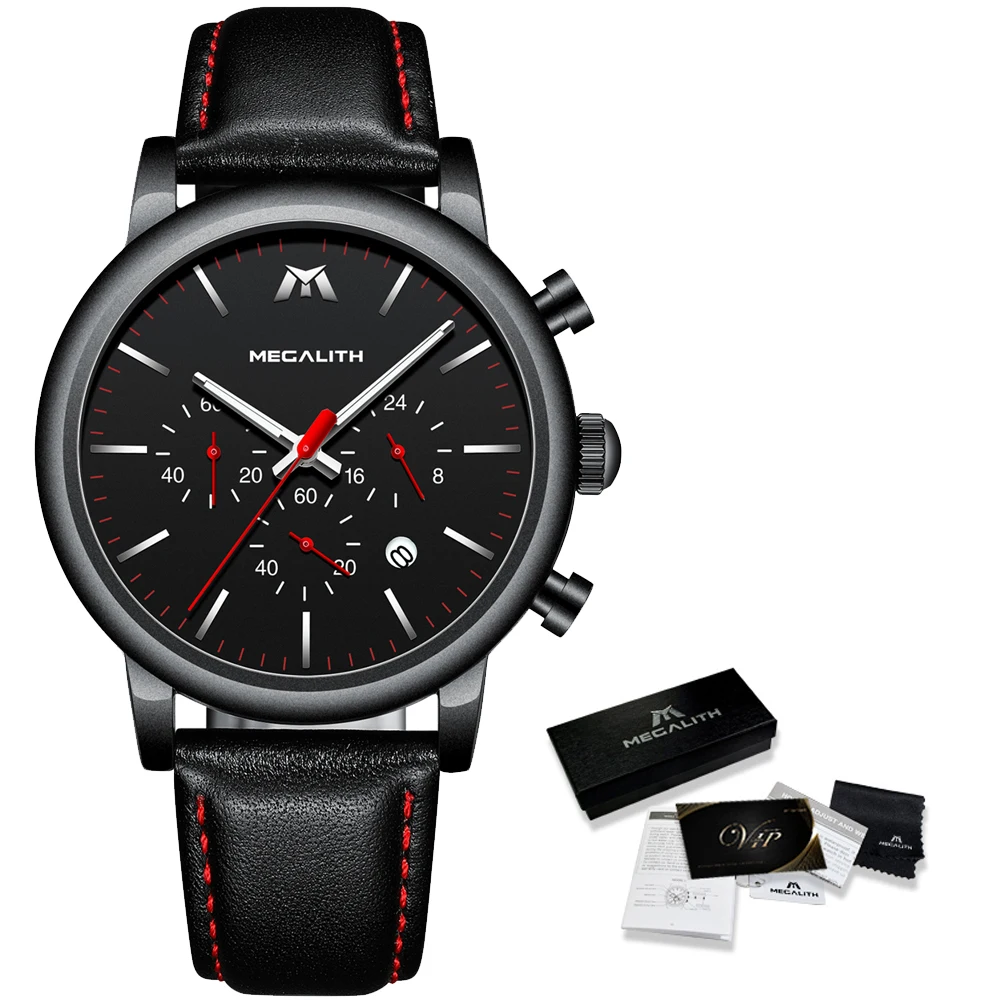 MEGALITH модные простые часы для мужчин Роскошные водонепроницаемые черные кожаные