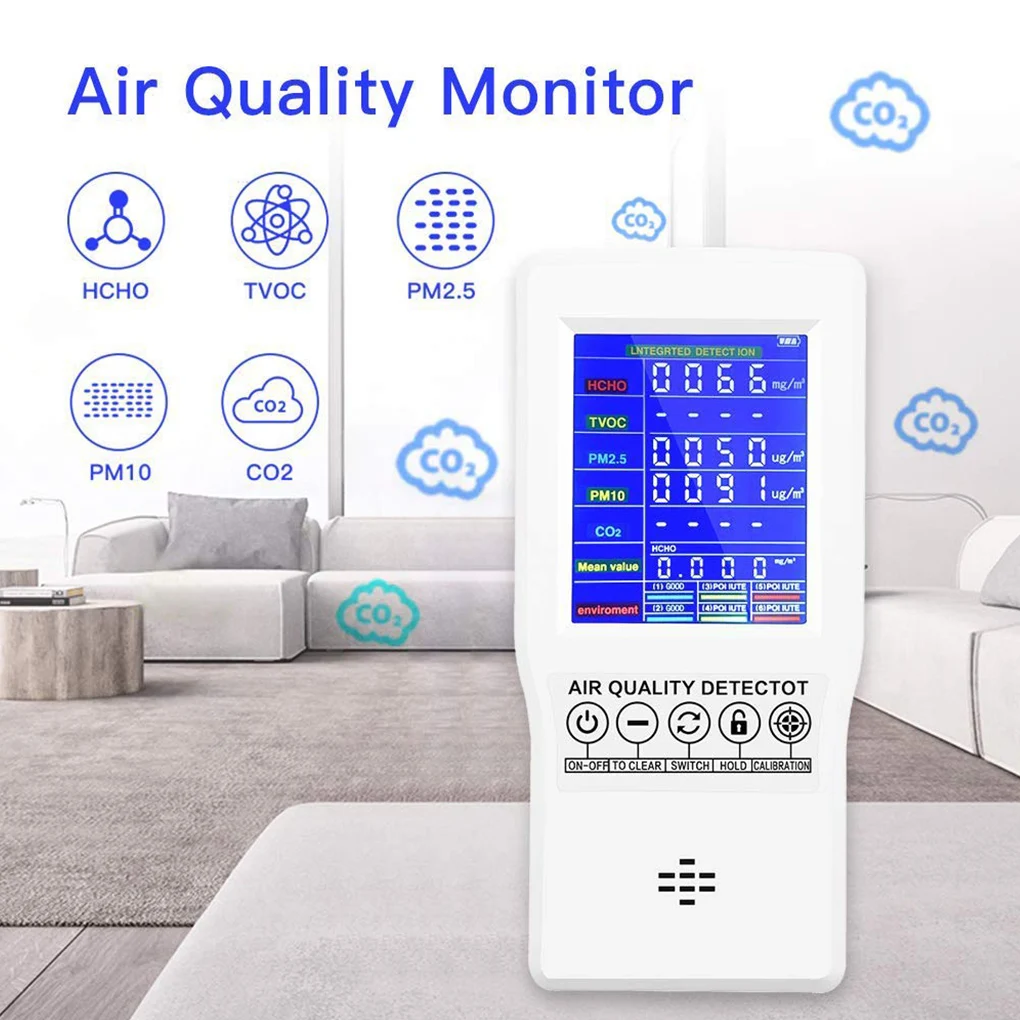 

Formaldehyde Accurate Testing PM2.5 PM10 CO2 AQI Detector Home Office Indoors Measuring Tool Air Quality Monitor Multifunctional