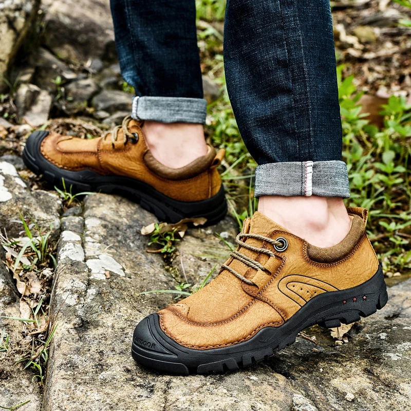 

Men's Leather Shoes Genuine Leather Fashion Wear-Resistant Climbing Shoes Classic Sewing Soles Outdoor Hiking Casual Shoes