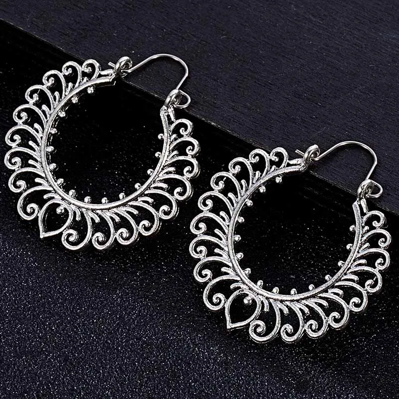 Silver Индийские племенные латунные серьги, висячие серьги-капельки, украшенные цветами вихревые «цыганские» серьги для женщин, богемные Винтажные серьги EAR00C07B - Окраска металла: Silver