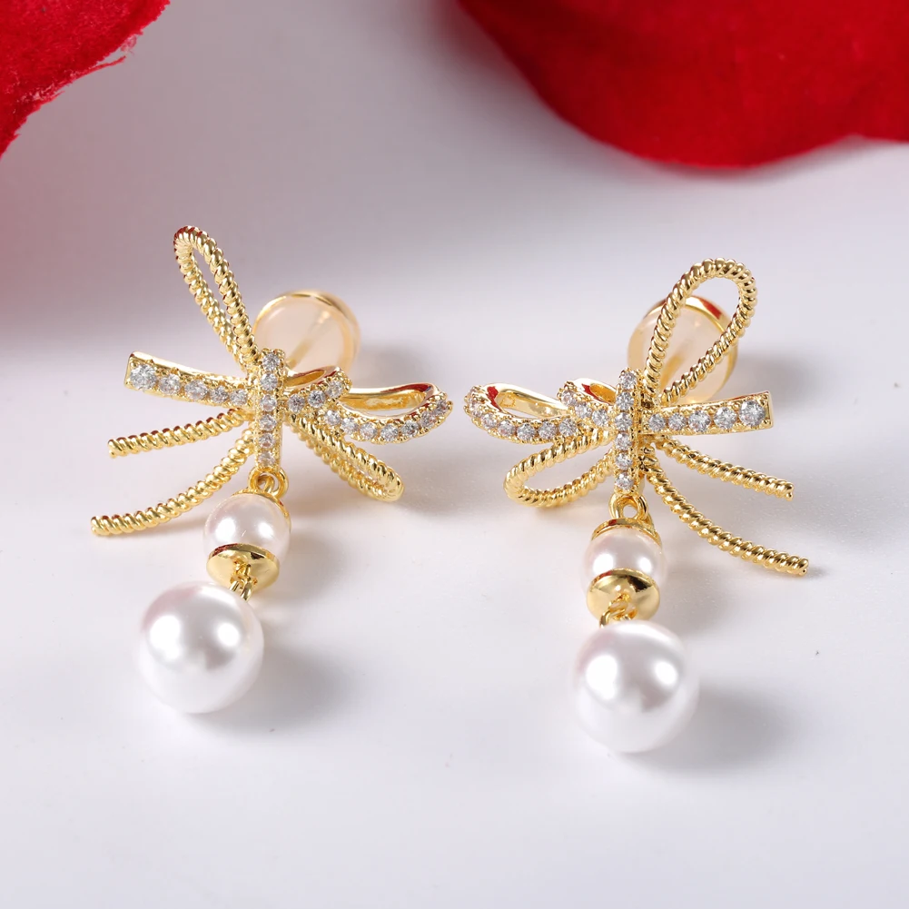 

KIVN, модные ювелирные изделия, Висячие ленты с бантом, фианиты, женские, девичьи, свадебные, имитирующие жемчужные серьги, подарки на день рож...