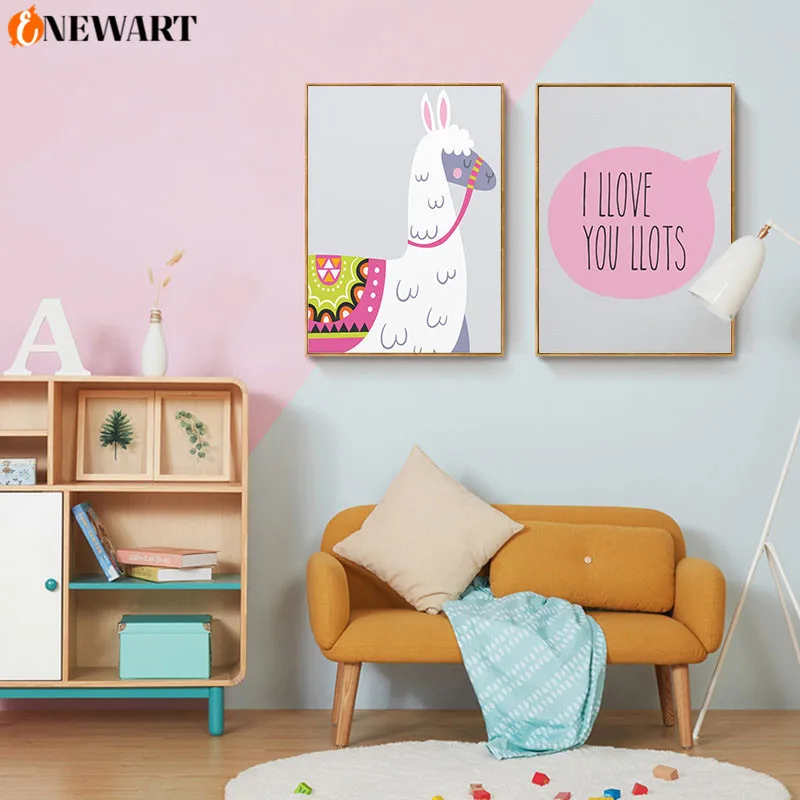 Розовый Мультфильм Альпака ребенок постер животное стены искусства холст принт