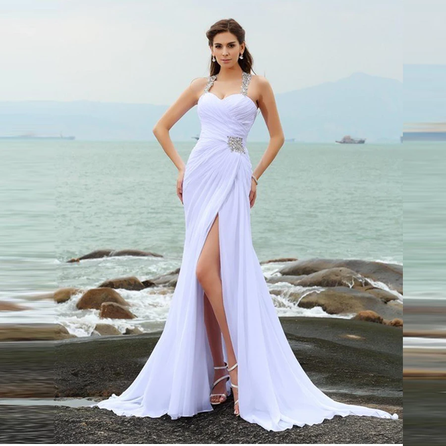 

Halter Pleats Sheath Wedding Dresses Beach High Slit Beading Crystal Sleeveless Sexy Bridal Gowns Simple Vestido De Noiva 2021