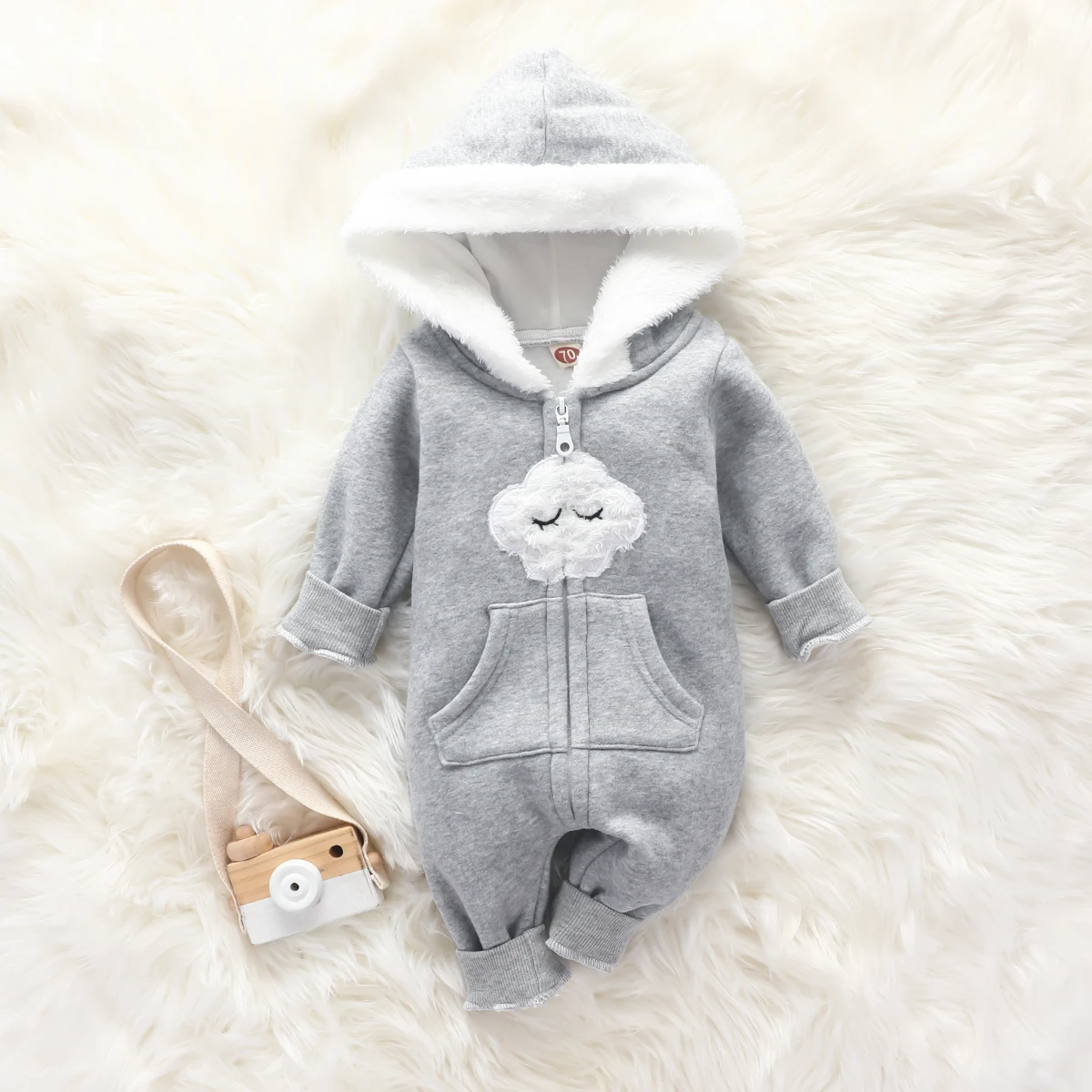 

Autumn Toddlers Baby Girls Boys Fleece Hooded Long-Sleeves Zipper Open Jumpsuit with Cartoon Cloud Pattern Rompers Bodysuits
