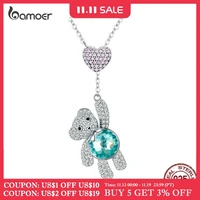 bamoer 100 925 sterling silver pink cz heart and cute bear animal pendant necklaces for women silver jewelry gift scn271