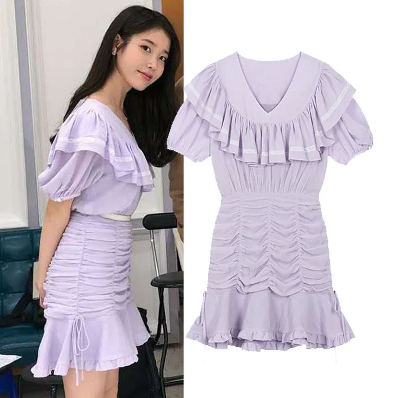 

Женское дизайнерское плиссированное платье, фиолетовое облегающее кружевное мини-платье с высокой талией и пышными рукавами, модельное пл...