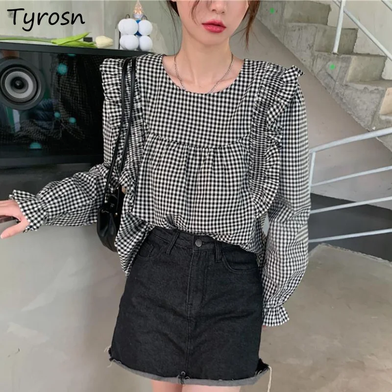 

Puff Long Sleeve Blouses Women Sweet Design Ruffles O-neck French Style Stylish High Street Temperament Black Plaid Shirts Mujer