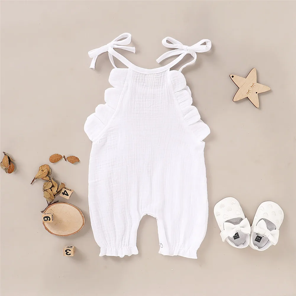 

Newborn Baby Girl Romper Cute Kids Summer Clothes Jumpsuit Casual Cotton Linen Solid Toddler Infant Lace Up Outfits 0-24M