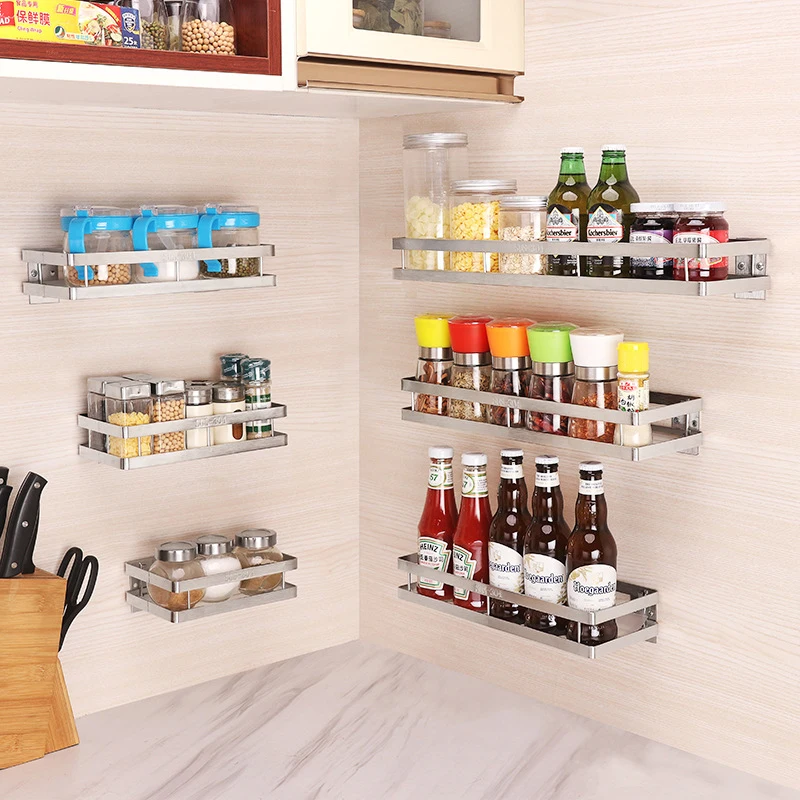 

Wall Mounted Storage Holder Stainless Steel Kitchen Seasoning Rack Shelf Bathroom Toiletries Holder Home Organization Shelfs