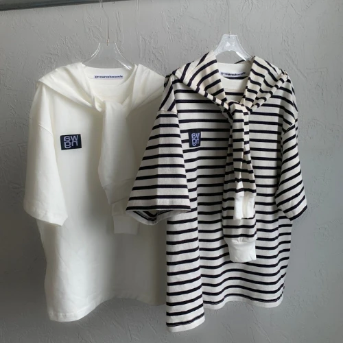 

113290 Summer New Women Fashion Classic Trendy Brand Luxury Design Detachable Collar Simple Stripe Printed Letter T-shirt A2