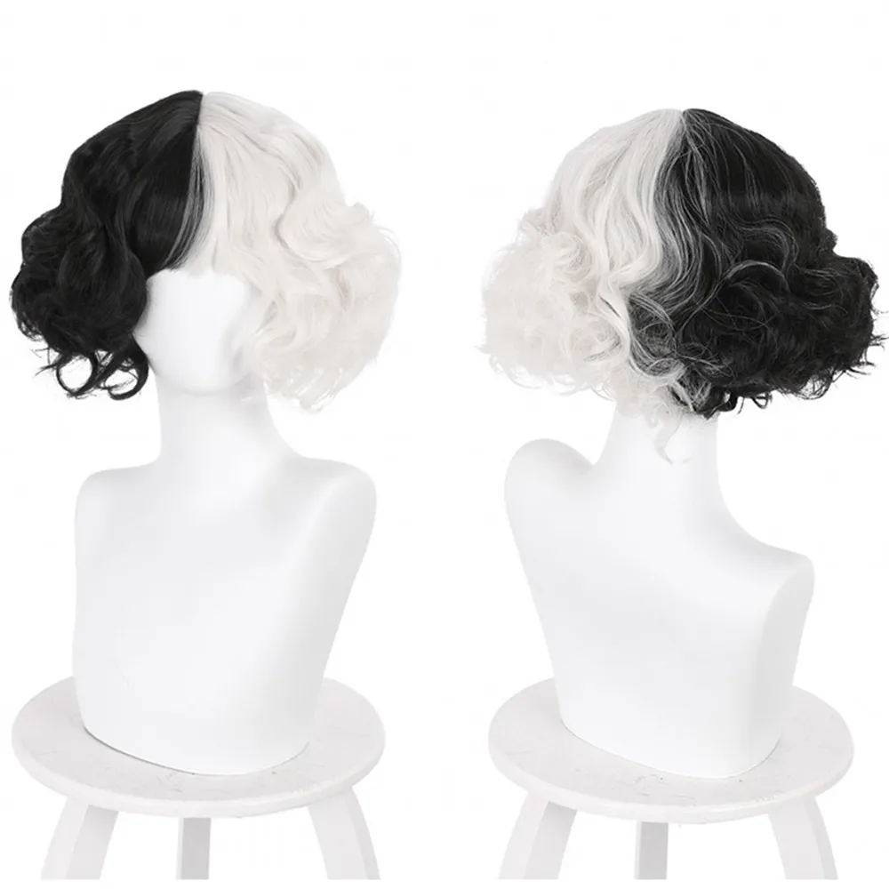 Парик для косплея Cruella De Vil Kuila с короткими черными и белыми вьющимися волосами
