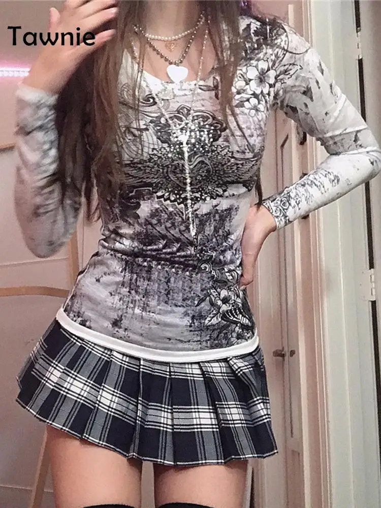 

Tawnie Graphic Print Women Tshirts 2021 Autumn O Neck Long Sleeve T Shirt Vintage Y2K Fairycore Grunge Slim Tee Top Streetwear