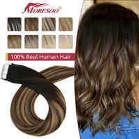 moresoo tape in hair extensions brazilian human hair black ombre to brown with blonde machine made remy hair straight seamless