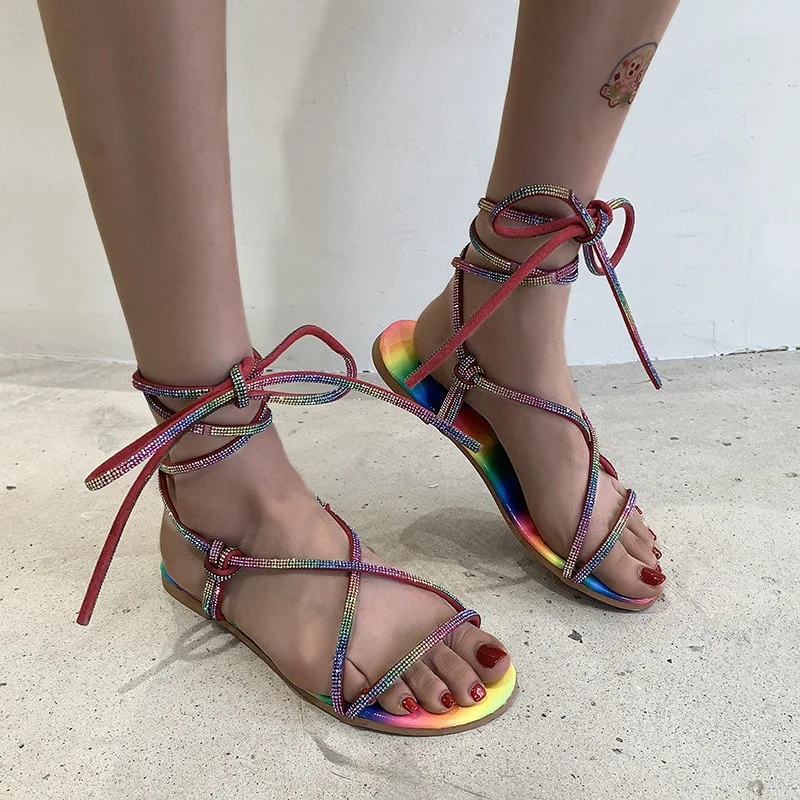 

Women's Sandals Ankle Strap Sandals 2021 Summer New Rhinestone Shiny Open Toe Sandals Outdoor Casual Shoes Zapatos De Mujer