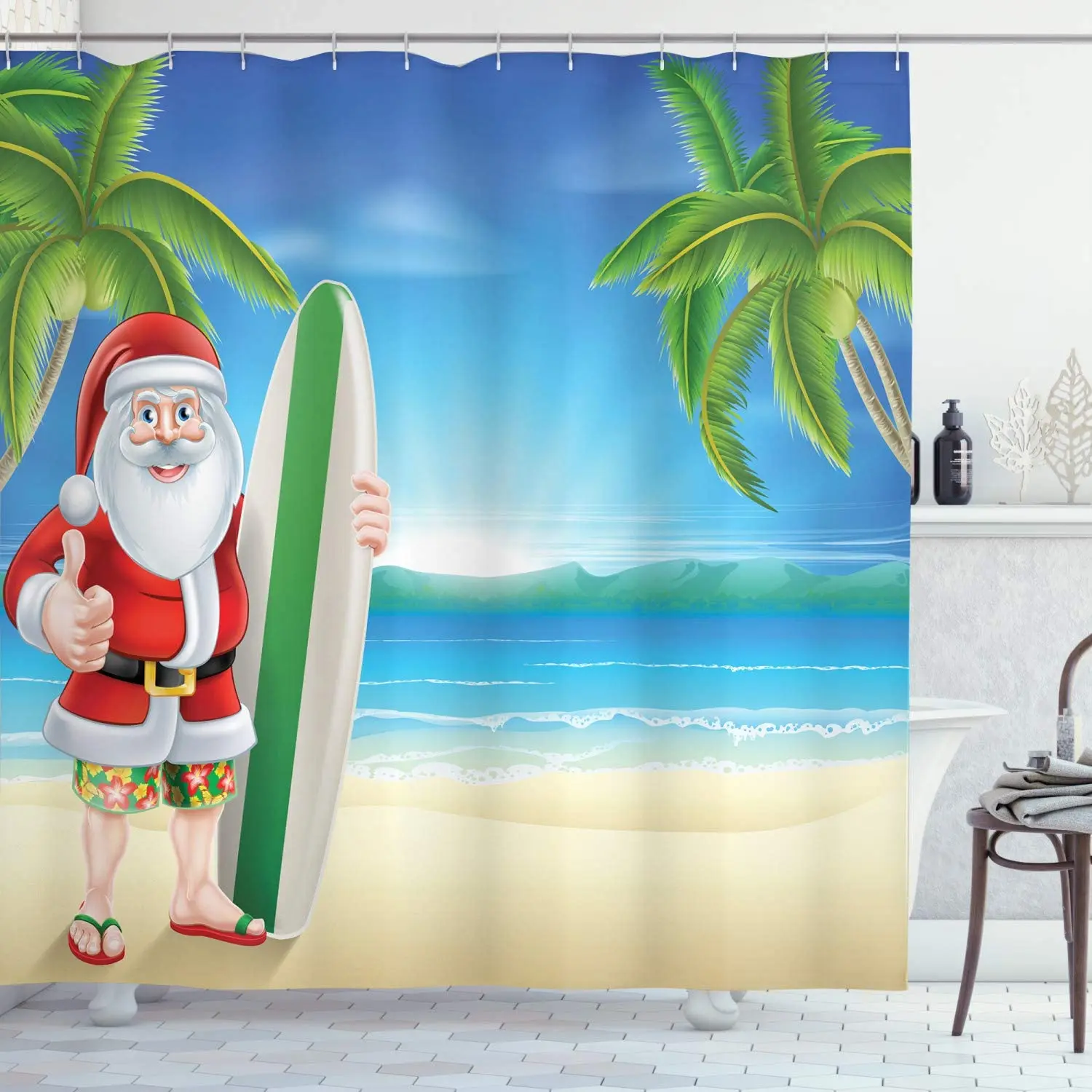 

Рождественские занавески для душа, тканевый комплект для декора ванной комнаты с крючками, Пляжная доска для серфинга, солнечный
