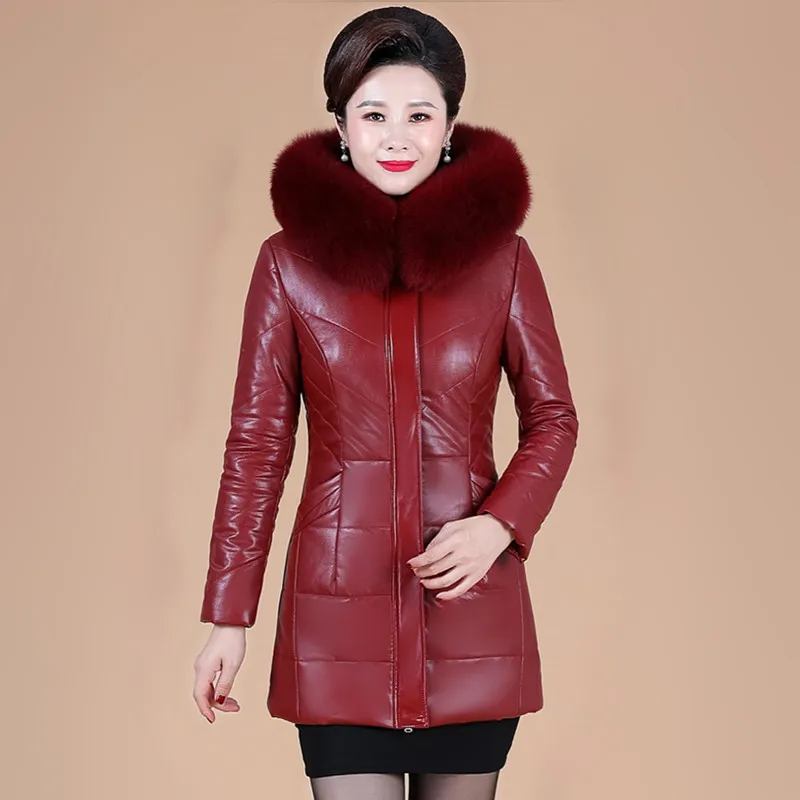 L-8XL Woman Leather Jacket Winter 2022 Fashion Overcoat Thicken Warm Fur Collar Hooded Sheepskin Coat Camel Outerwear Female