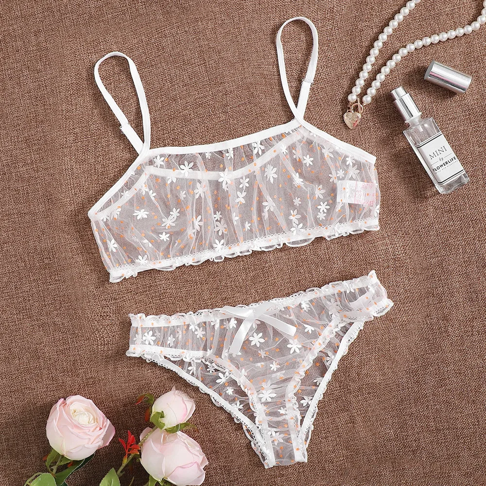 Women panties set Underwear Set Sexy Lingerie Transparent Bra Set Floral Embroidery Erotic Mesh Lingerie Lace Porno Costumes 