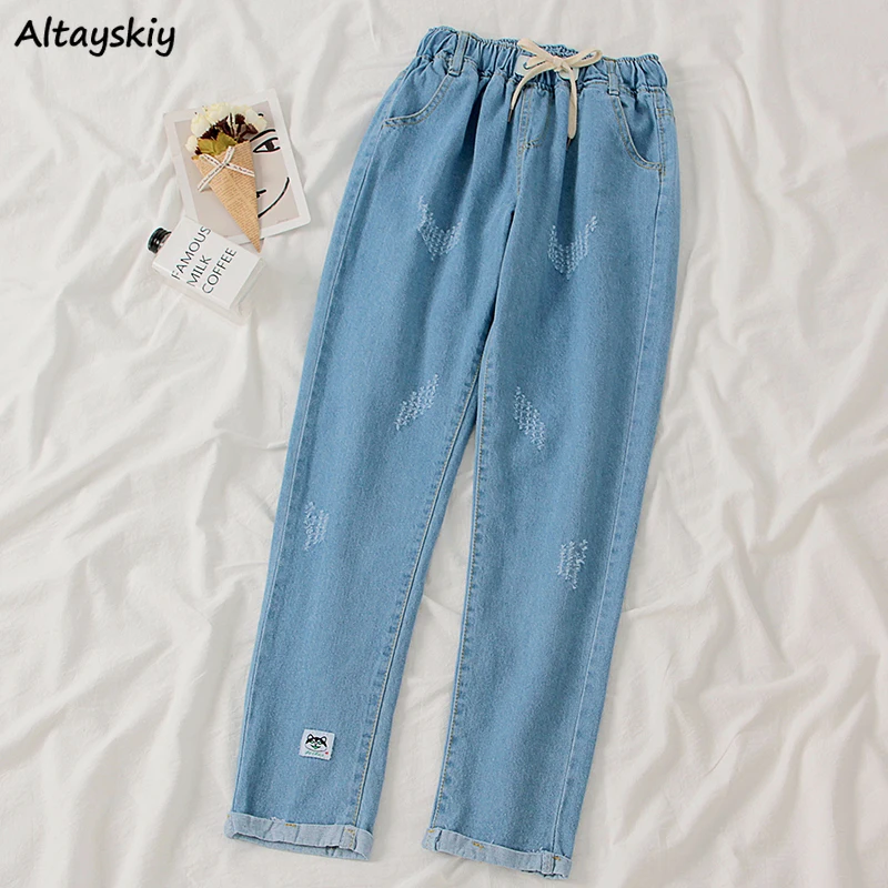 

Women Elastic Waist Jeans Teenagers Cute Harem Blue School Girls Loose Ulzzang Fashionable Simple Daily Leisure Females Trousers