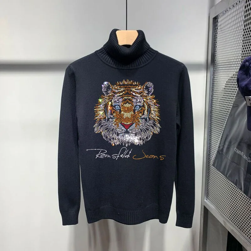 

Winter Tiger Pattern Diamond Handsome Cashmere Pullover Soft Fabric Knitted Men's Turtleneck Sweater Fashion Sweatshirt