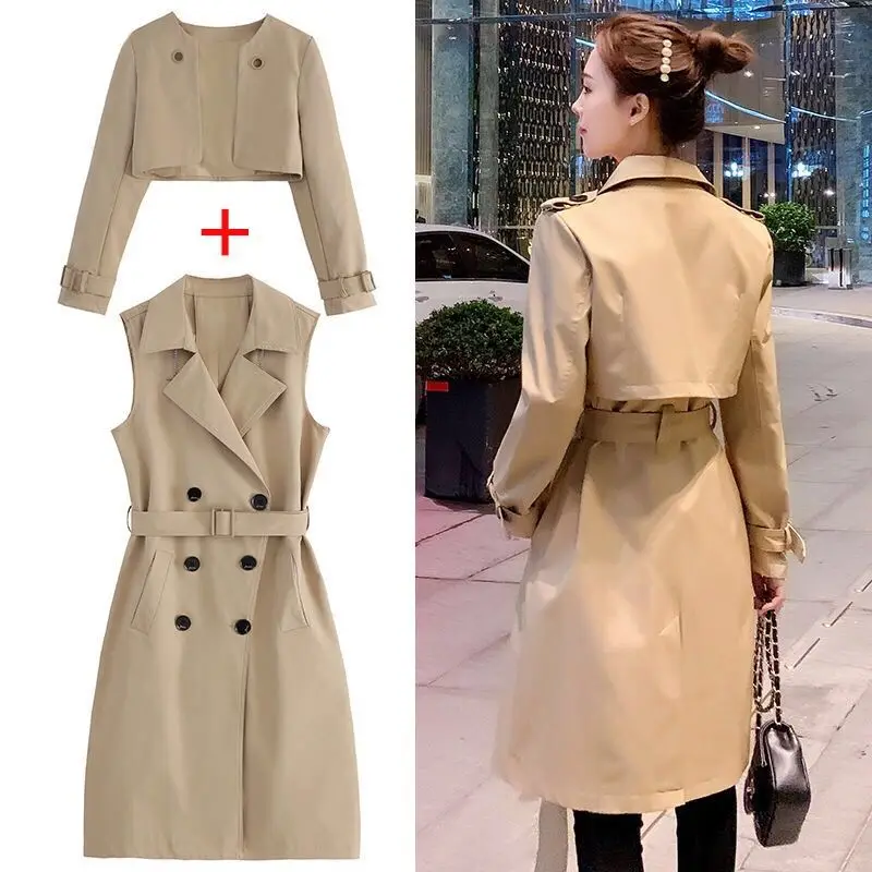 

2021 New Women Trench long Section Solid color Coat Light weight Casual lady's Windbreak Collection Black Khaki Size XXL