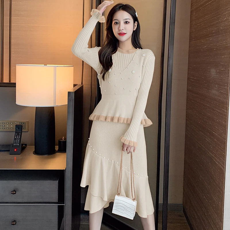 COIGARSAM женское цельнокроеное платье с длинным рукавом Новые Корейские вязаные