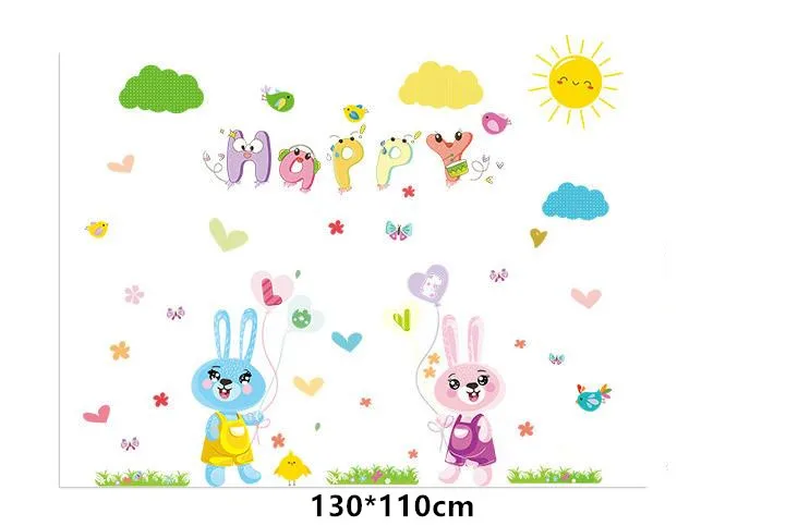 Cartoon Lovely Rabbit Happy Words Wall Stickers Baby for Kids Rooms Decal Bedroom Living Room Decor | Дом и сад