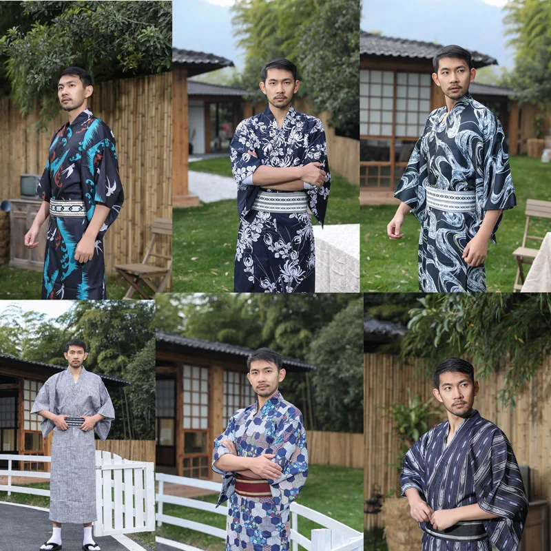 Traditional Japanese KIMONO Fashion YUKATA Summer Men Long Robes With Belt 95% Cotton Pajamas Set Male Sleepwear Bathrobe