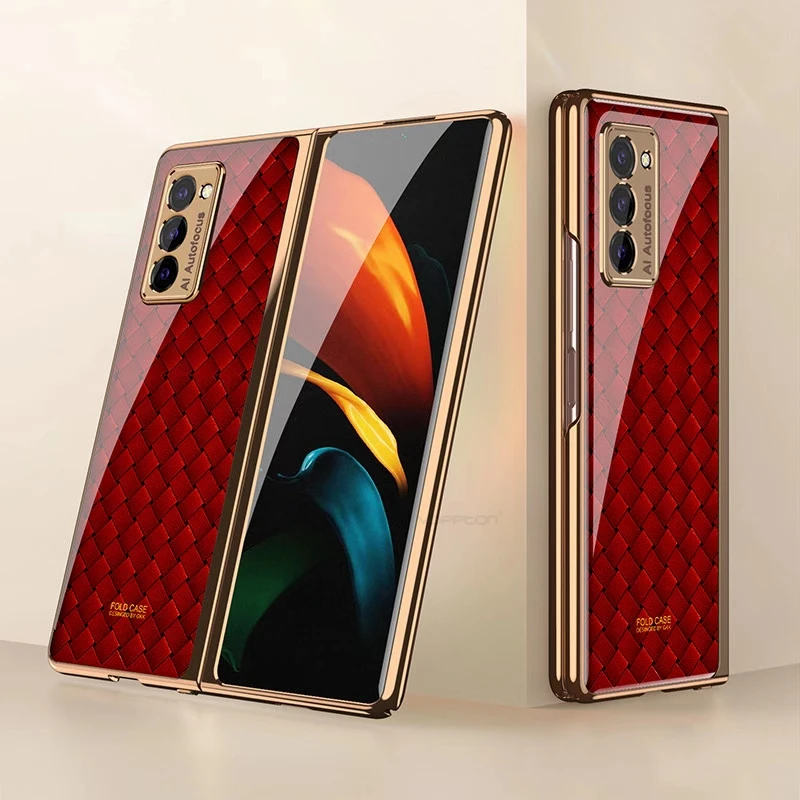 

For Samsung Galaxy Z Fold 2 Case Weave pattern Plexiglass Hard Cover For Samsung Galaxy Z Fold2 5G Luxury Plating frame Case