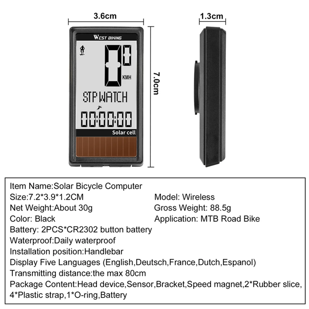 

West Biking Wireless Solar Energy Cell Bicycle Computer Waterproof Backlight Display Speedometer Odometer Stopwatch Cycling
