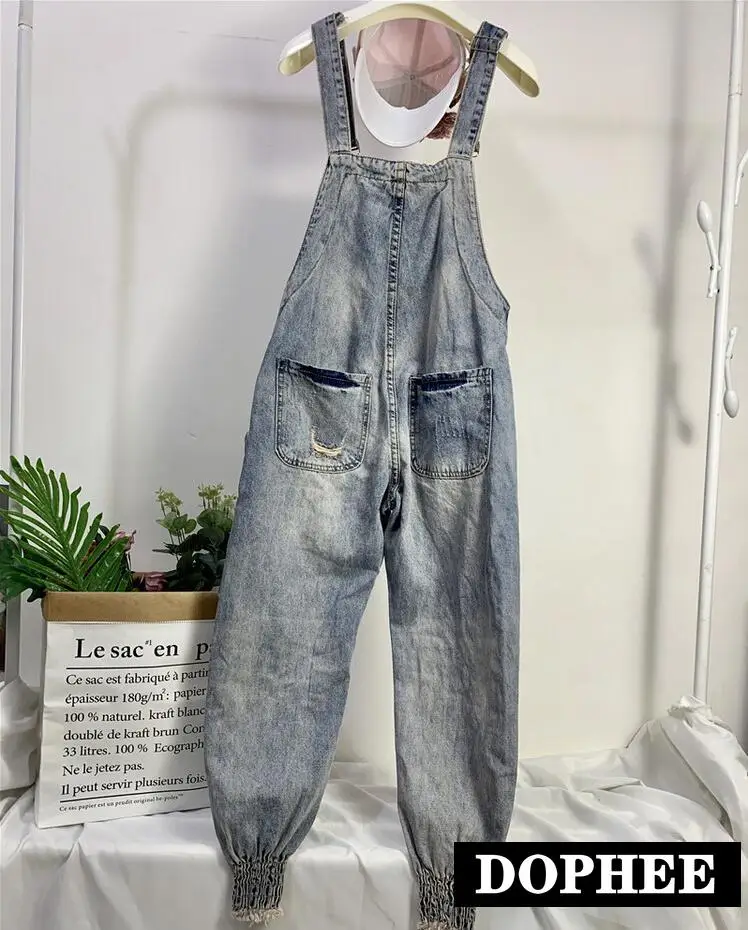 Women Cartoon Cat Print Denim Jumpsuits Rompers Overalls New Hole Ripped Loose Beaded Jeans Pants Female Casual Long Pants