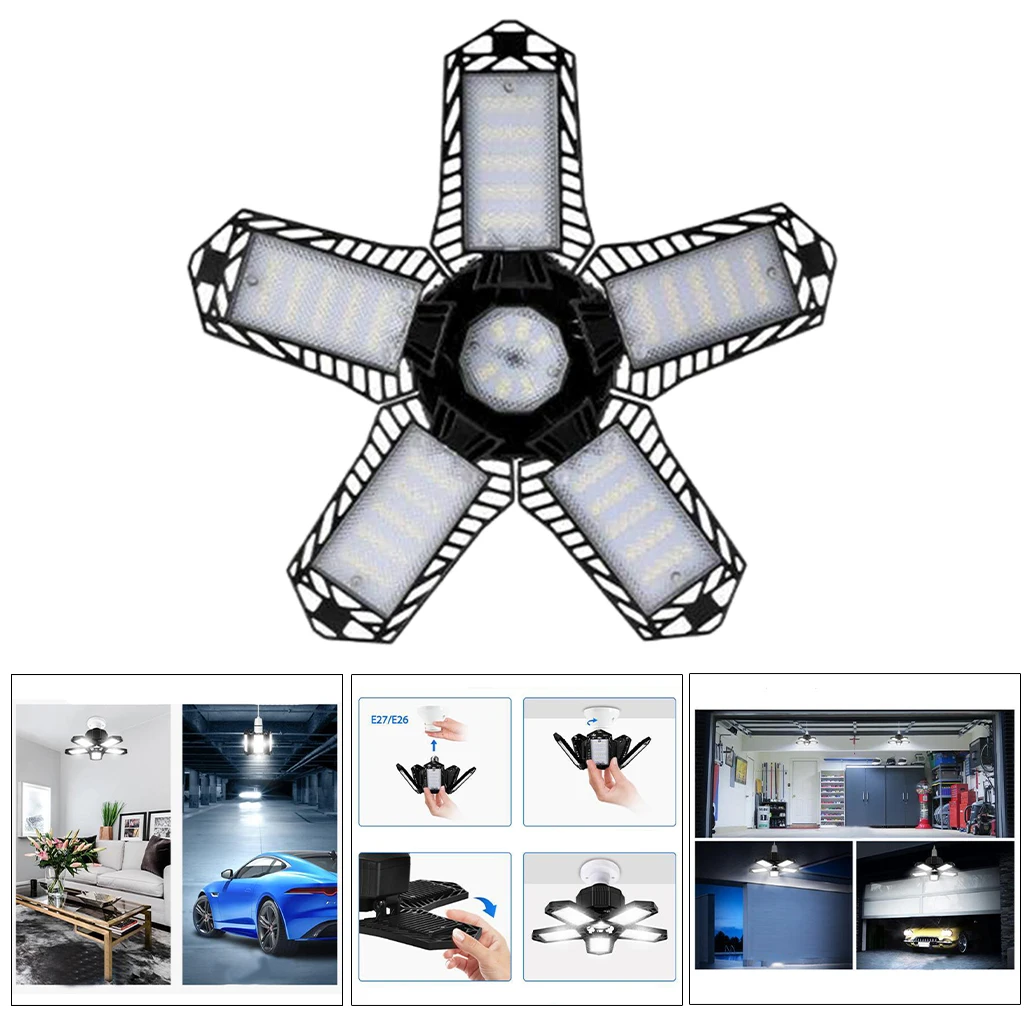 

LED Garage Lights Foldable E26/E27 Bulb 5 Adjustable Fan Blades Deformable Workshop Warehouse Ceiling Lighting 6500K