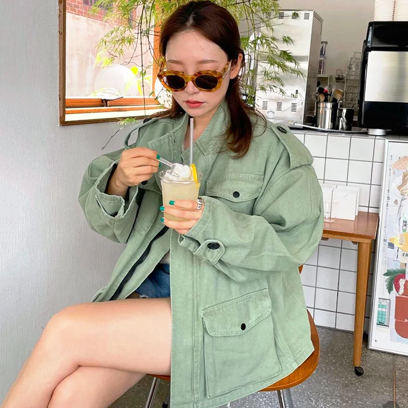 

Korean Women Windbreaker Coat Autumn Chic Stand Collar Design Large Pocket Loose Casual Cardigan Long Sleeve Work Clothes