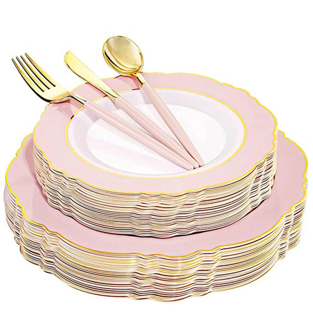 

50 Pcs Disposable Tableware Pink Green Plastic Plate With Gold Edge Suitable for High-end Wedding Mother's Day Party Supplies