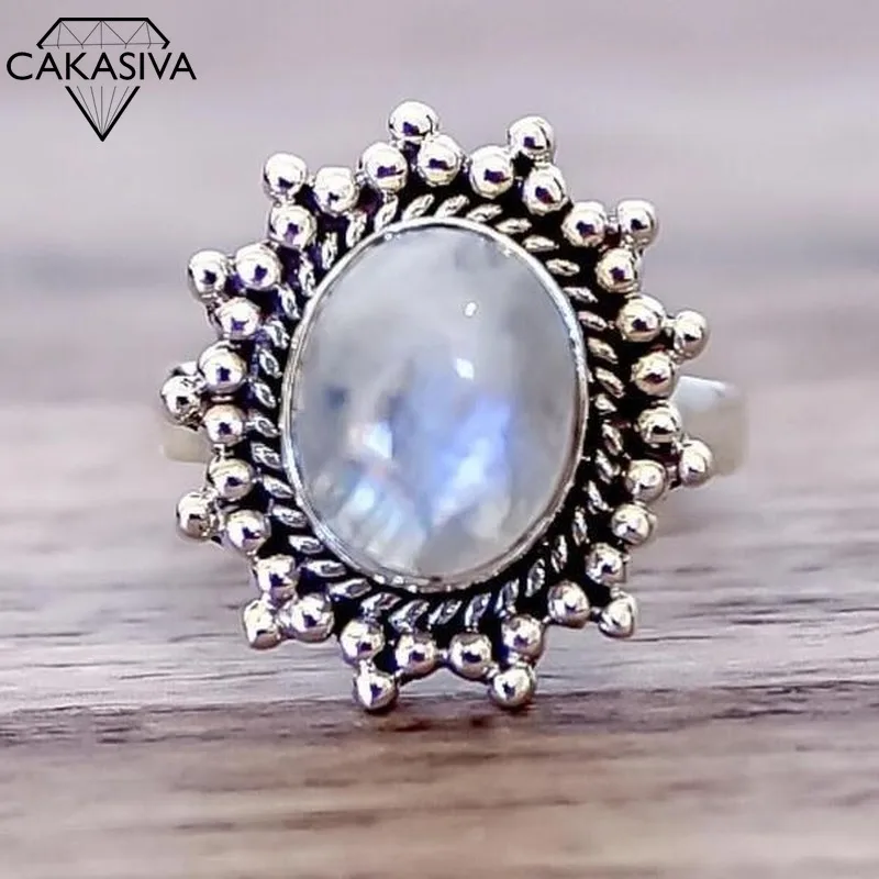 

Classic Moonstone Goblin Ring Gemstone Ring Vintage Thai Silver Ring for Women