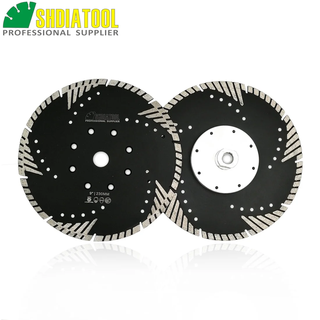 SHDIATOOL 2PCS Hot pressed Diamond turbo Blade with Slant protection teeth (230mm)cutting disc with M14 flange