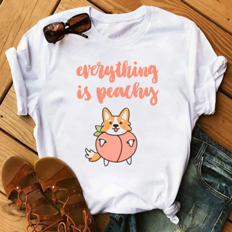 

Summer Female Casual Ins Women White T-Shirts Size S-3XL New Cute Cartoon Peach Print Modal T-Shirt Women O Neck Short Sleeve