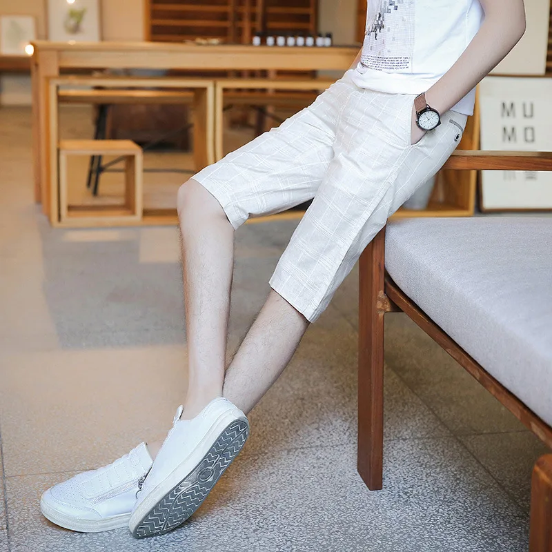 

Summer new men's youth trend pants slim linen beach Plaid Shorts casual men