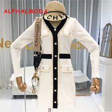 ALPHALMODA осень новое французское вязаное платье с v-образным вырезом и длинным рукавом женское приталенное модное платье с искусственным карманом