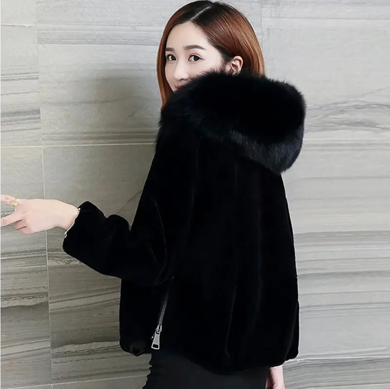 

Faux Fur Coat With Hood Fashion Slim Black Faux Fur Jacket Fake Rabbit Fur