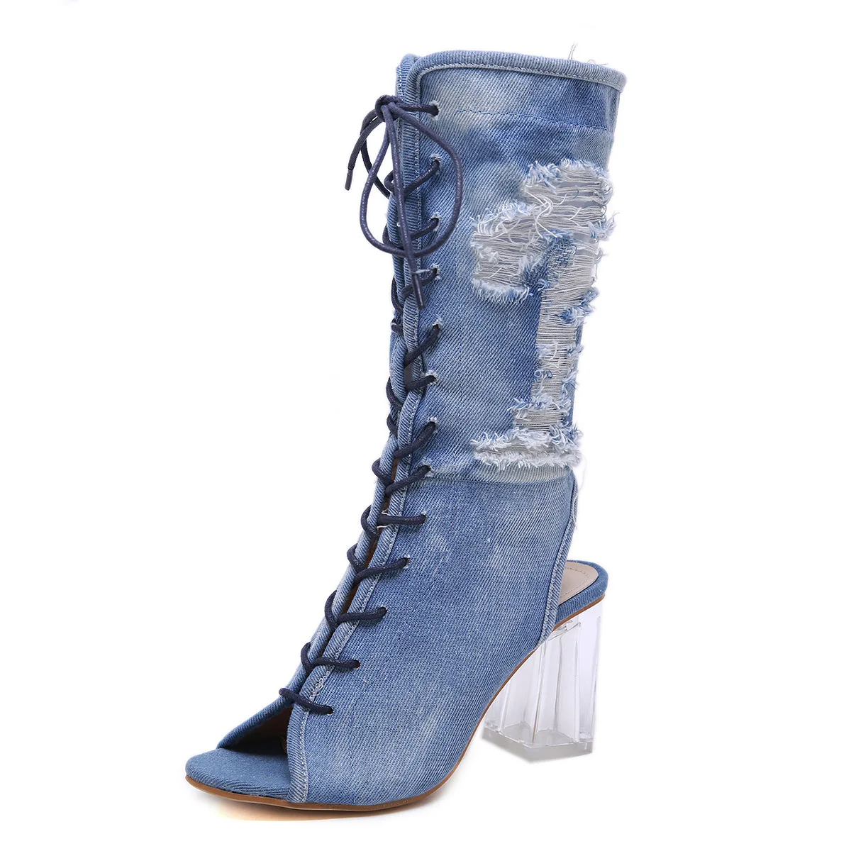 

2019 new women's shoes crystal thick heel denim medium tube fish mouth bandage cool boots