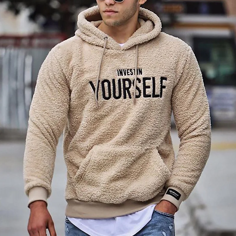 

Kalenmos Men's Sweatshirt Fall Plush Thick Casual Letter Printing Hooded Fashion Long-sleeved Pocket Tunic Hoodies Man Clothing