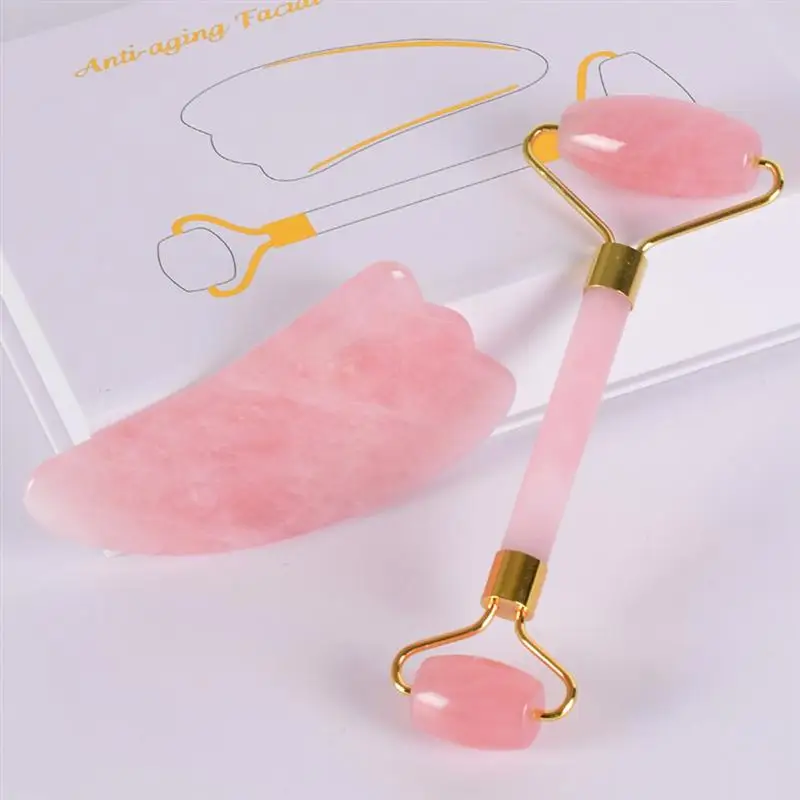 

Rose Quartz Roller Natural Jade Facial Roller Massager Set for Face Anti Aging Anti Wrinkle (Rose Quartz + Heart-shaped Jade)