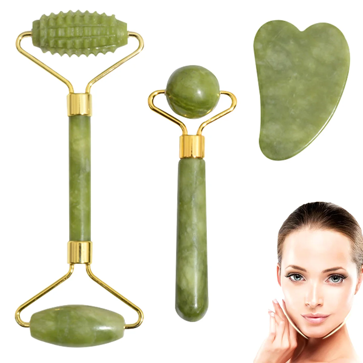 

3Pcs Jade Massagers For Face Body Gua Sha Scraper Beauty Facial Roller Set Natural Jade Stone Massage Slimming Skin Care Lift